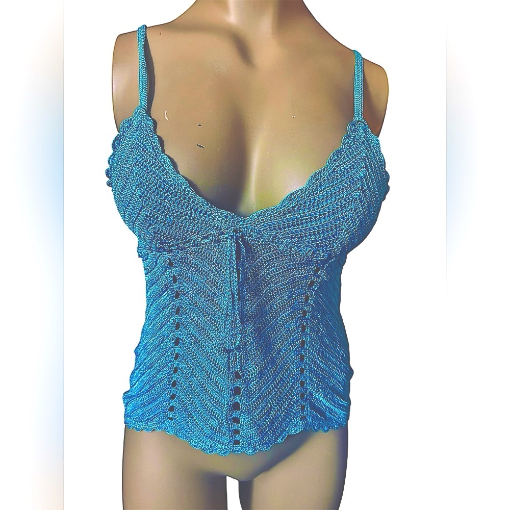 Vintage Turquoise Crochet Halter Top with Beading